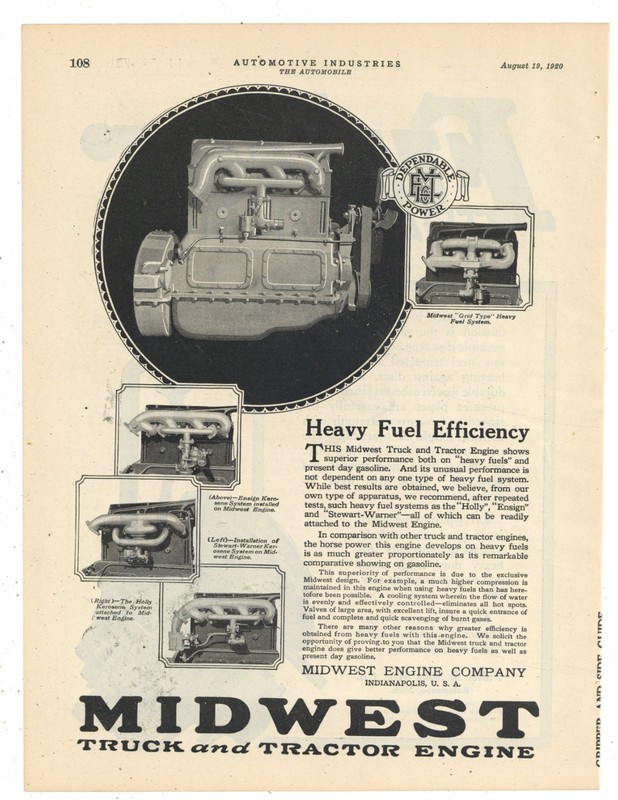 1920 Midwest Engine Co. of Indianapolis Ad: Gasoline, Kerosene, Heavy Fuels