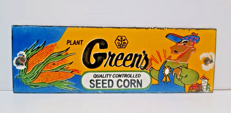 Vintage GREEN’S Seed Corn Porcelain Enamel Sign 6″ x 2″ Inches