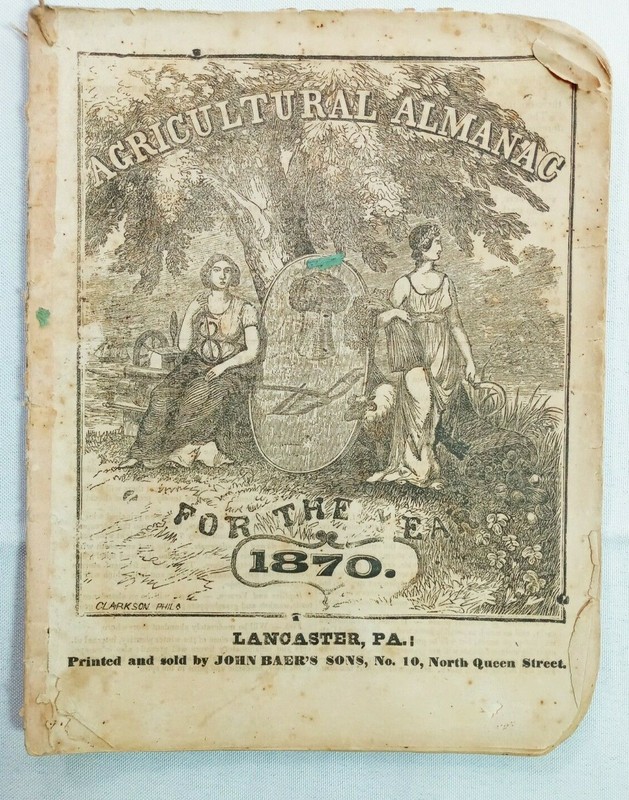 Vintage 1870 John Bear Baer’s Agricultural Almanac Lancaster PA Antique Farmers