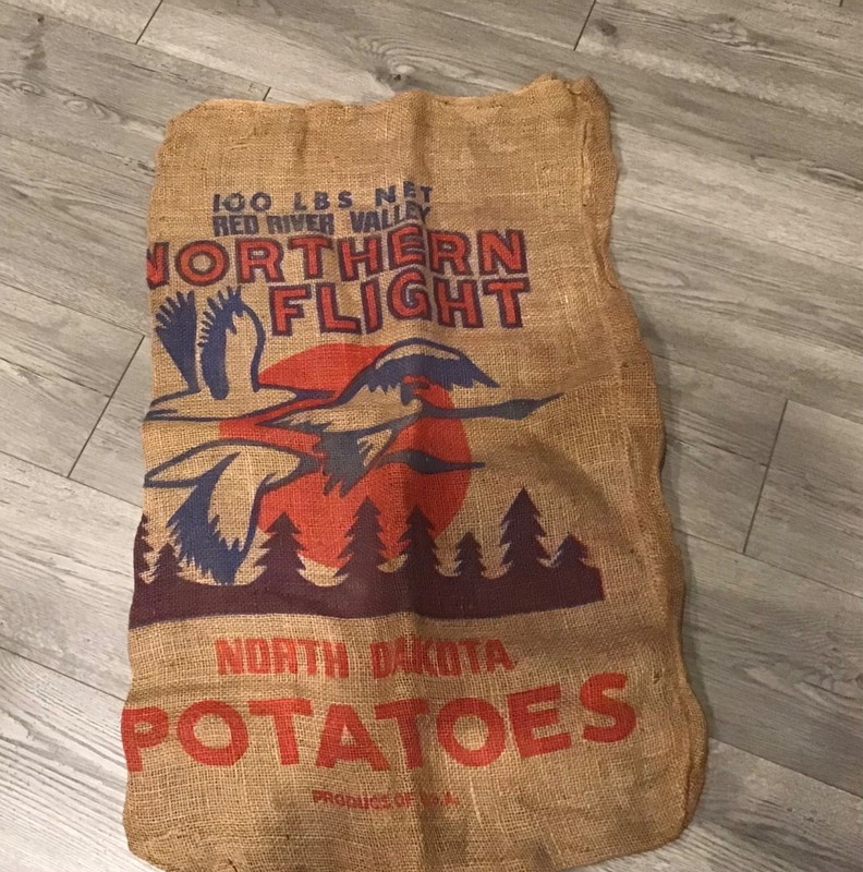Vintage Northern Flight 100 lbs Potato Burlap Sack, North Dakota Potatoes