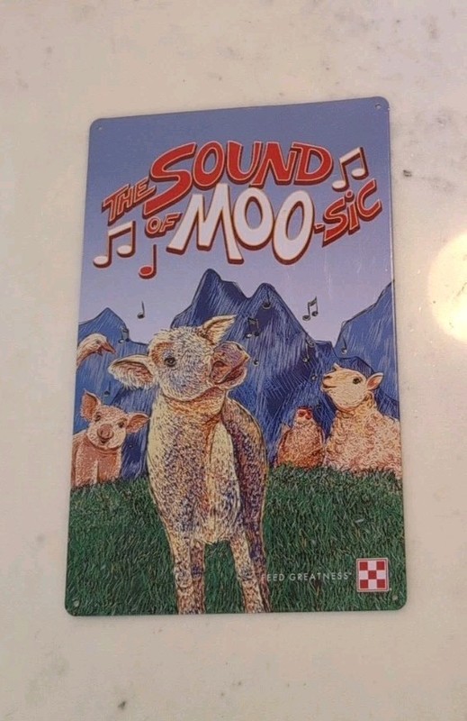 PURINA FEED GREATNESS PROMO THE SOUND OF MOO-SIC FARM ANIMALS METAL SIGN 7″x11″