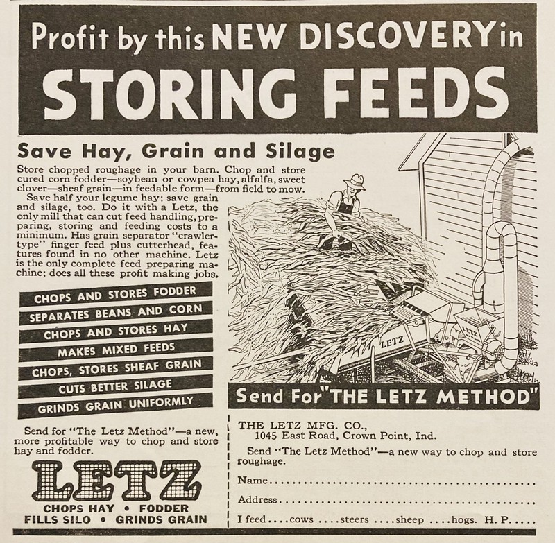 1936 AD.(XH82)~LETZ MFG. CO. EAST RD. CROWN PT. IND. LETZ SILAGE CHOPPERS