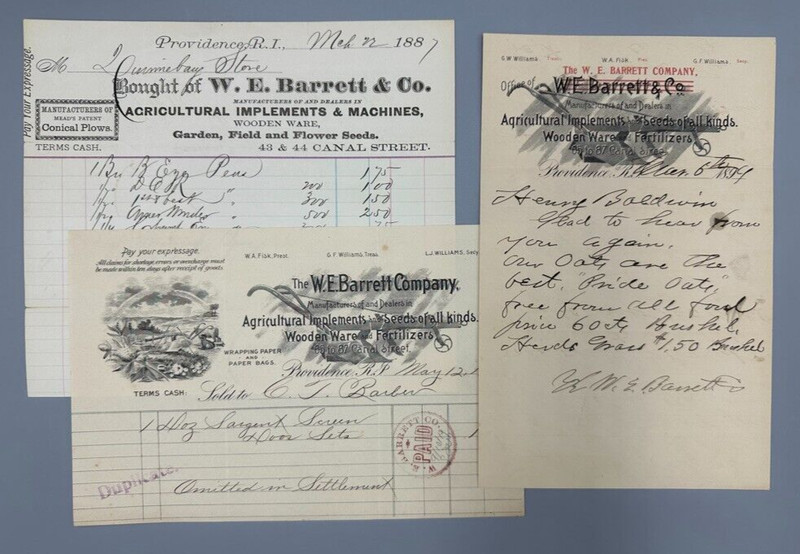 1887 -1913 W E BARRETT AGRICULTURAL Implement SEED Farm Billhead PROVIDENCE RI
