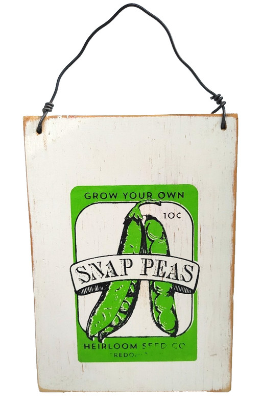 VTG Snap Peas Graphic Farm Sign Plaque 7″ Garden Heirloom Seed Wood White Green