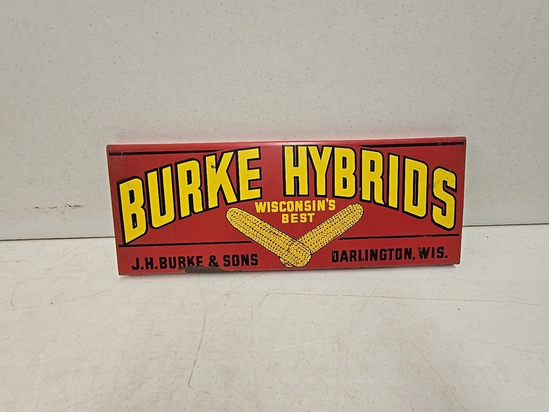 Vintage 18″ Burke Hybrids Seed Corn Darlington WIS Advertising End Row Sign