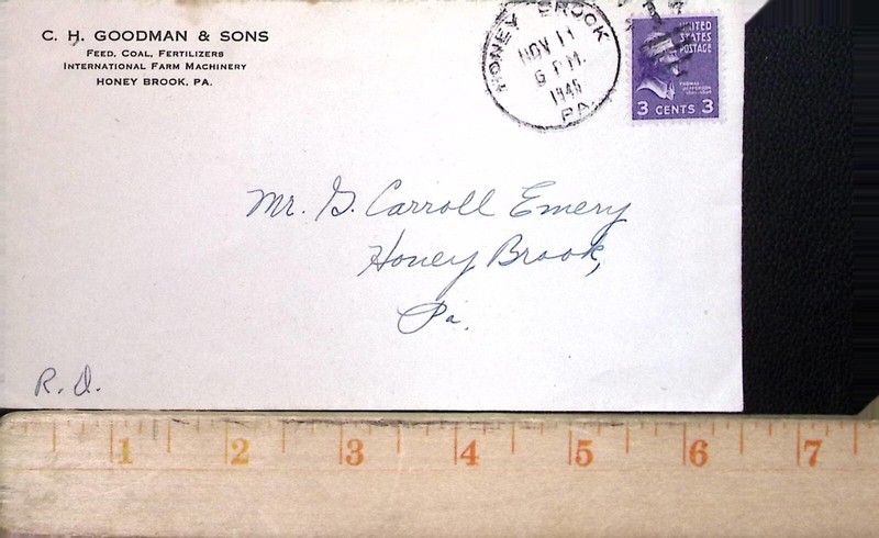 C.H. Goodman Feed Food Fertilizers Farm Machinery Honey Brook PA Envelope 1946 gallery