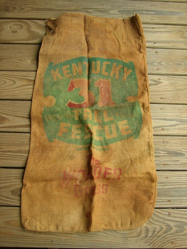Vintage Burlap “Kentucky 31 Tall Fescue” Bag With Original 1969 Paper Seed Tag