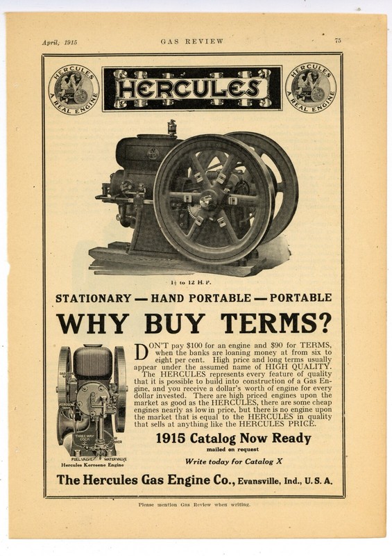 1915 Hercules Gas Engine Co. Ad: “A Real Engine!” – Evansville, Indiana