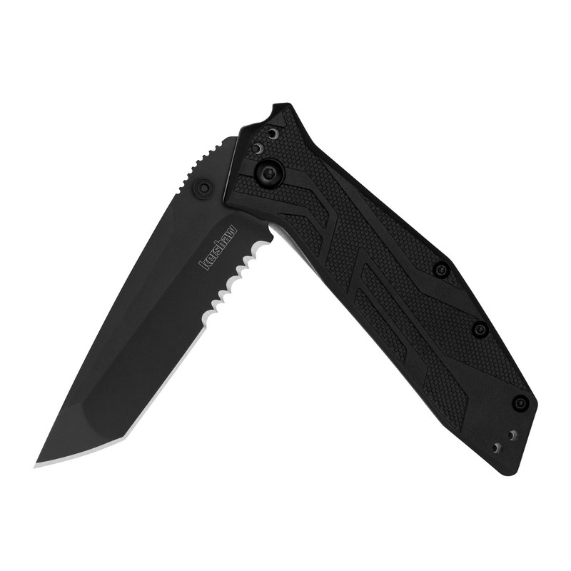Kershaw Brawler Pocket Knife, Black, 3″ Partially Serrated Tanto Blade