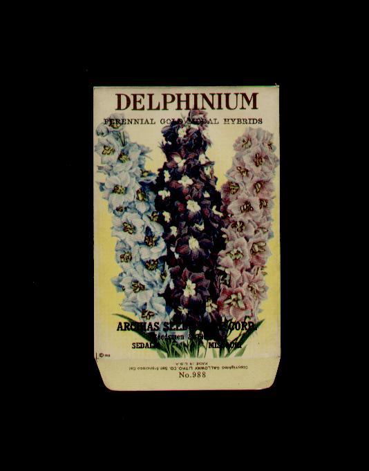 1918 DELPHINIUM LITHO SEED PACKET – ARCHIAS SEED STORE, SEDALIA, MISSOURI