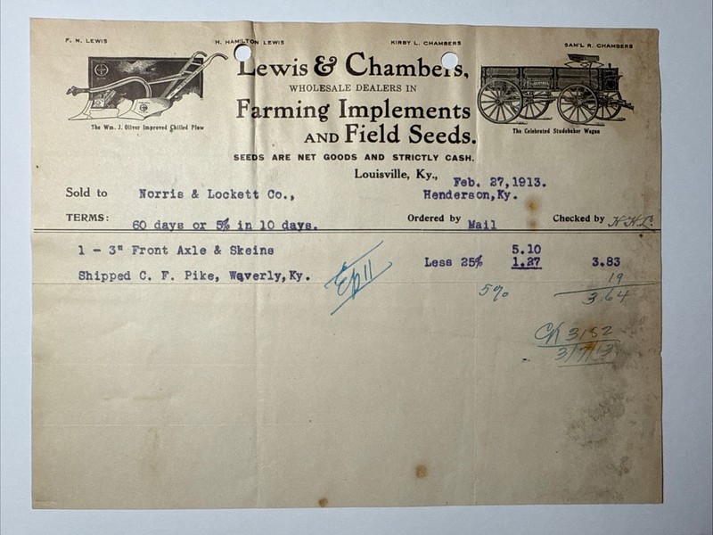 1913 Louisville Kentucky Lewis & Chambers Farming Field Seeds Bill Head Vtg
