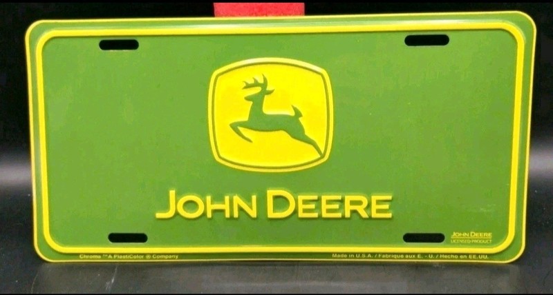 Original John Deere License Plate Sign Green Yellow White Back Metal USA Vintage