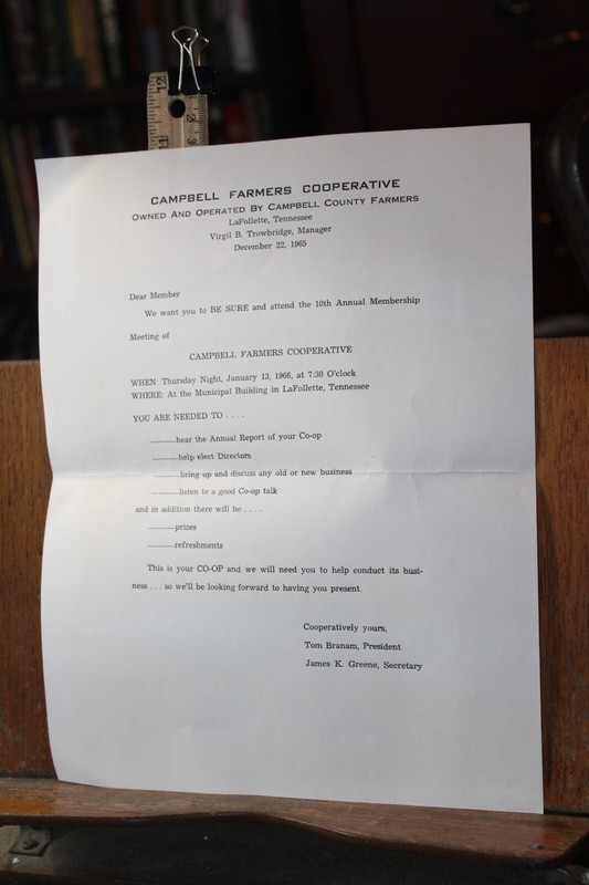 1965 LaFollette Tennessee Campbell Farmers Cooperative 10th Anniversary Letter