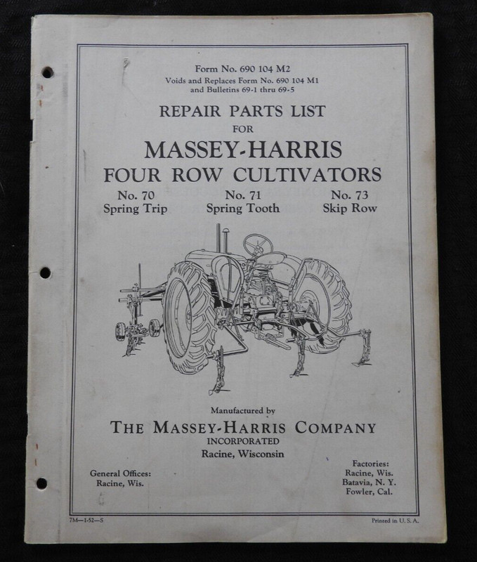 GENUINE 1957 MASSEY HARRIS No. 70 71 73 4-ROW CULTIVATORS PARTS CATALOG FERGUSON