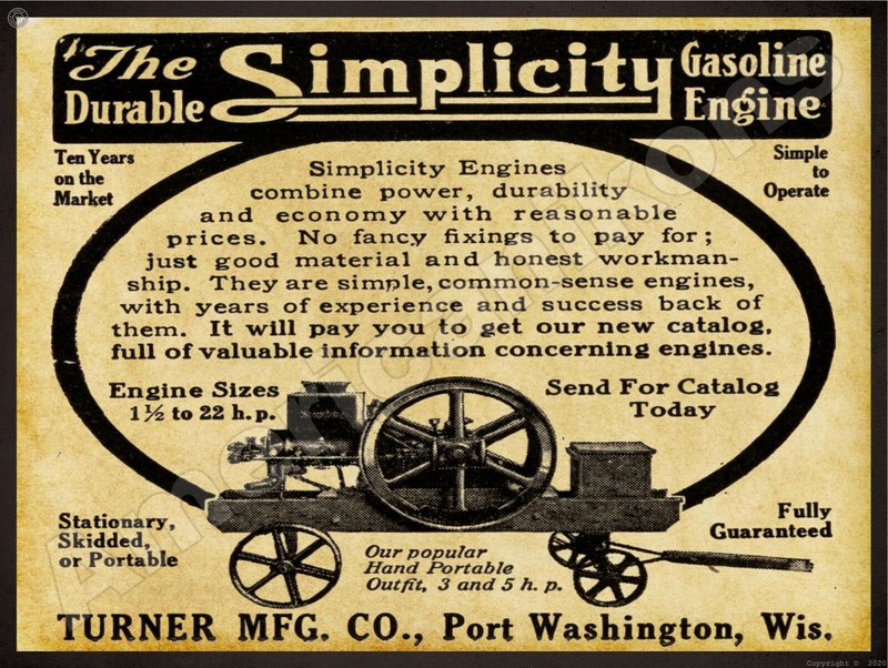 1912 Simplicity Gas Engines New Metal Sign: Turner Mfg., Port Washington, WI