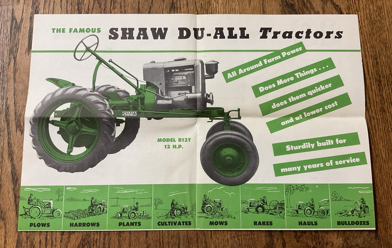 Vintage Original Shaw Du All Garden Tractor Brochure R6, R12T Sales Advertising