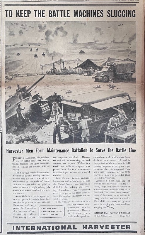 1942 newspaper ad for International Harvester -Keep Battle Machines Slugging WW2