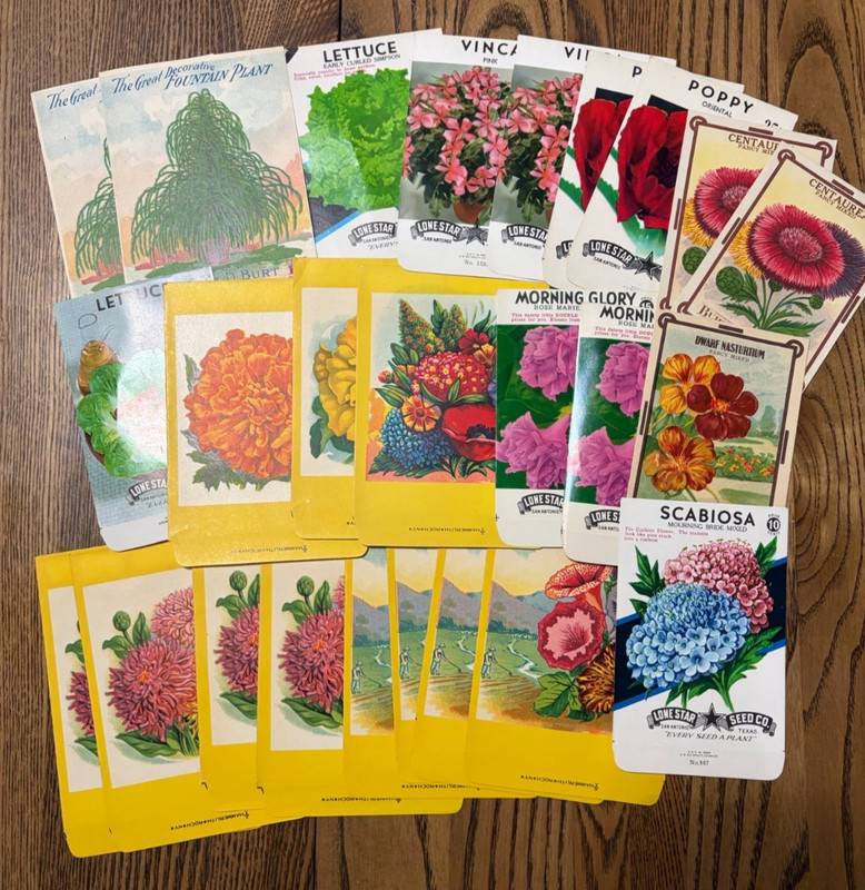 25 vintage seed packs, empty, unused, Burts, Lone Star, flowers, veggies
