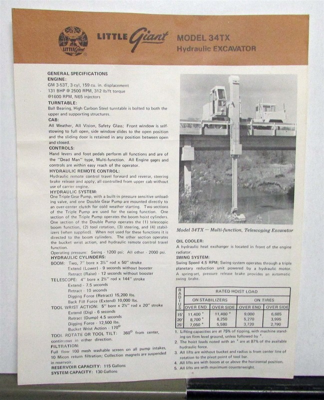 1984 Little Giant 34TX Hydraulic Excavator Specs Construction Sales Brochure