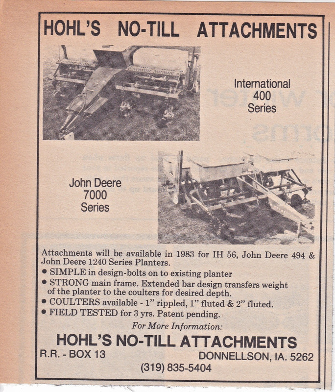 Hohl’s No-Till Attachments Donnellson IA Print Ad 1983 7″x5″