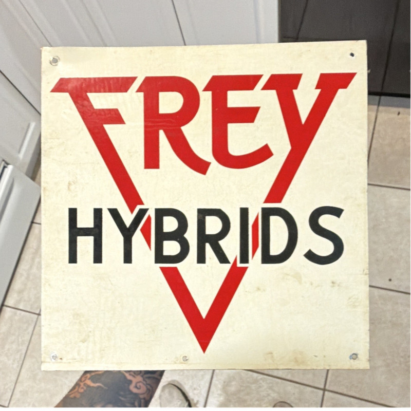 Frey Hybrids Seed & Feed Advertising Sign White Red Black Agriculture Theme