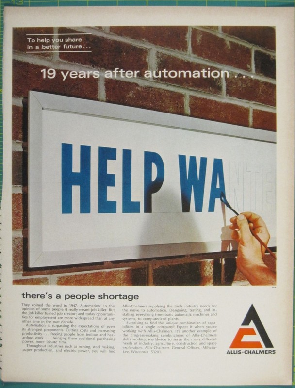 Print Ad Allis-Chalmers 19 Years Automation Help Wanted Employment Shortage 1966