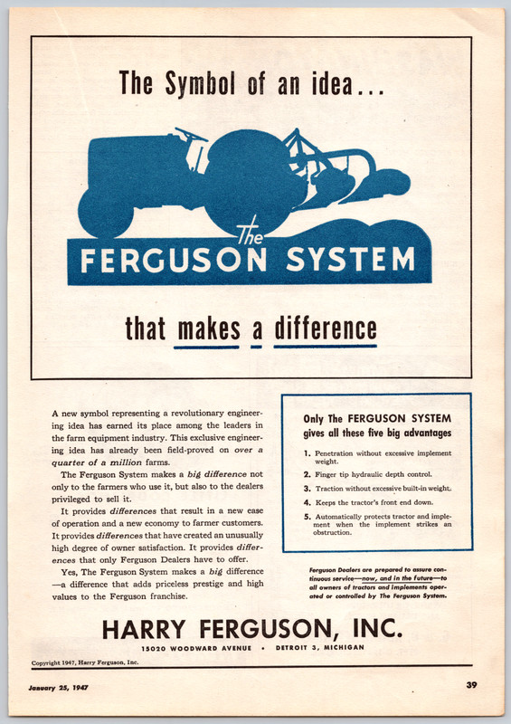 1947 Print Ad Harry Ferguson Detroit MI Symbol of An Idea Ferguson System