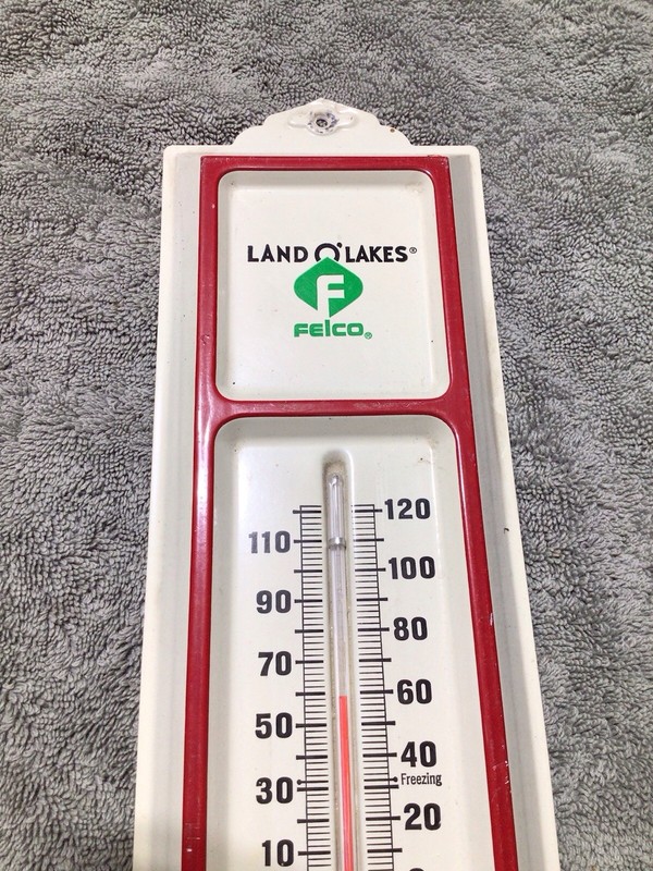 Vintage FELCO Land O Lakes Feeds Metal Thermometer 13” Working Condition