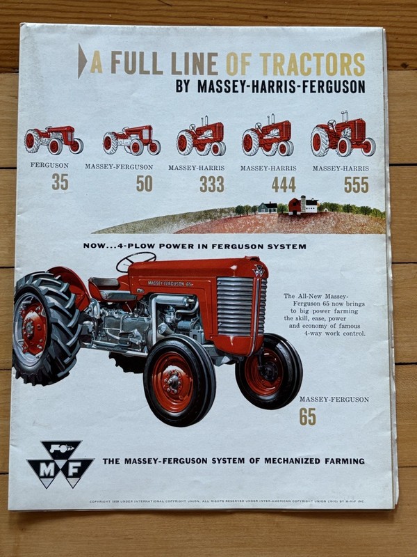 Vintage 1958 Massey Ferguson Full Line Of Tractors Sales Brochure 35 50 65 333