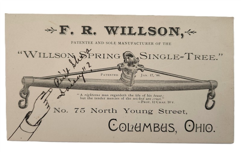 1888 antique F. R. WILSON columbus oh SPRING SINGLE TREE trade card HORSE EQUIP