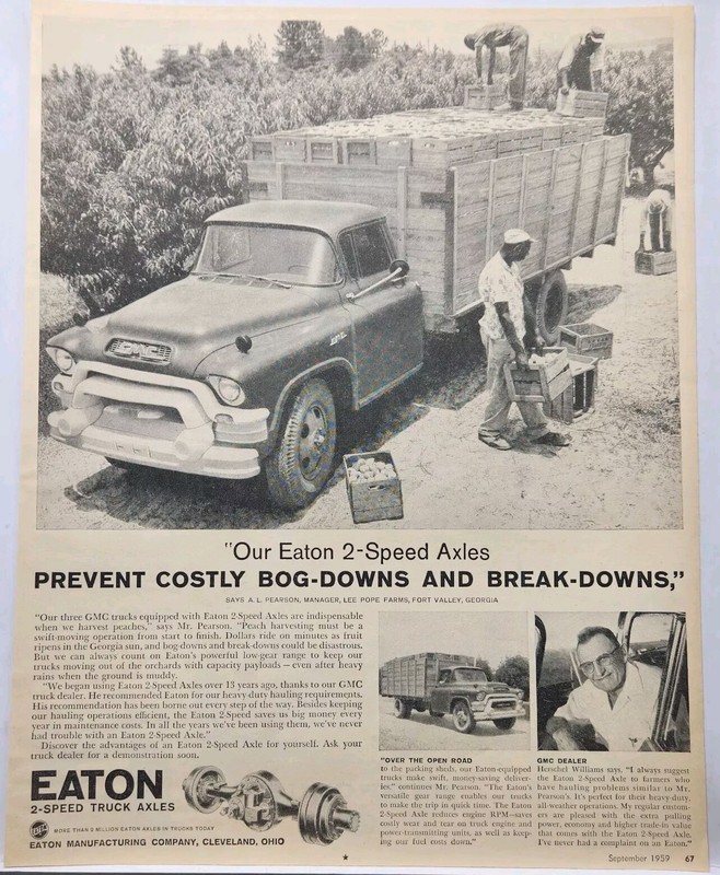1959 GMC Truck Eaton Truck Axles Peach Harvesting Farm Original Print Ad Life