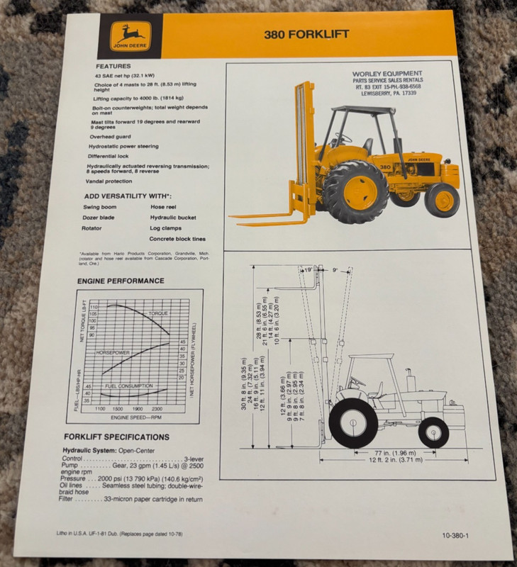 John Deere 380 Forklift For 1981 Brochure CWPA26