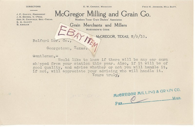 1910 McGREGOR TEXAS Milling & Grain CAVITT BROWN CAUFIELD AMSLER CROUCH JOHNSON