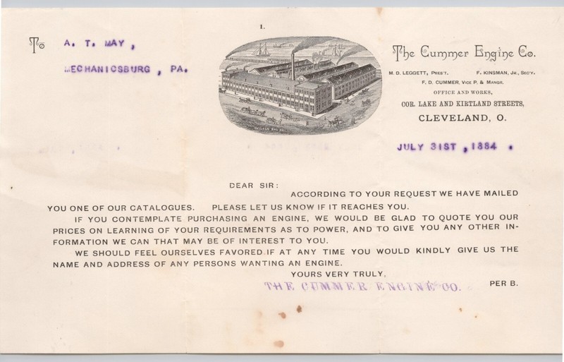 1884 Cummer Engine Co Cleveland OH Ohio Illustrated Letterhead BH3-92