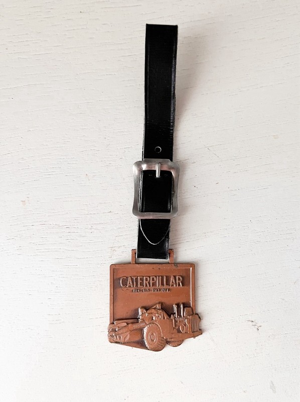Vintage Brass Caterpillar Tractor Watch Fob Dodge City KS CO w/ Leather Strap