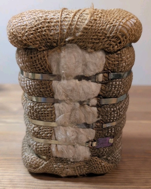 Vintage 6″ Cotton Bale Wrapped In Burlap With Metal Bands Marked Prosper Coop