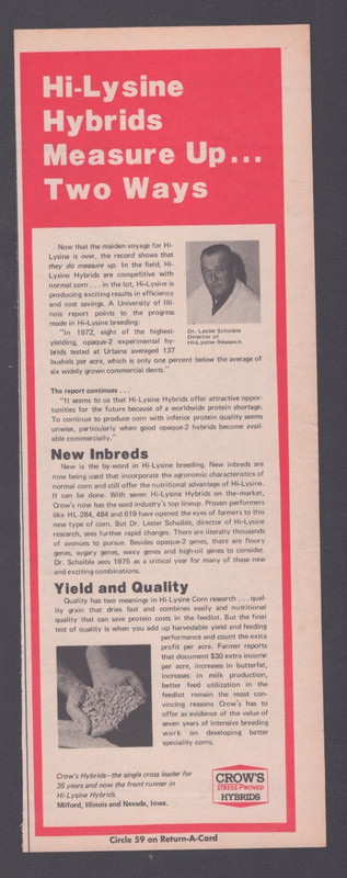 1974 Print Ad Crow’s Hybrids Milford Il Hi-Lysine Stress-Proved
