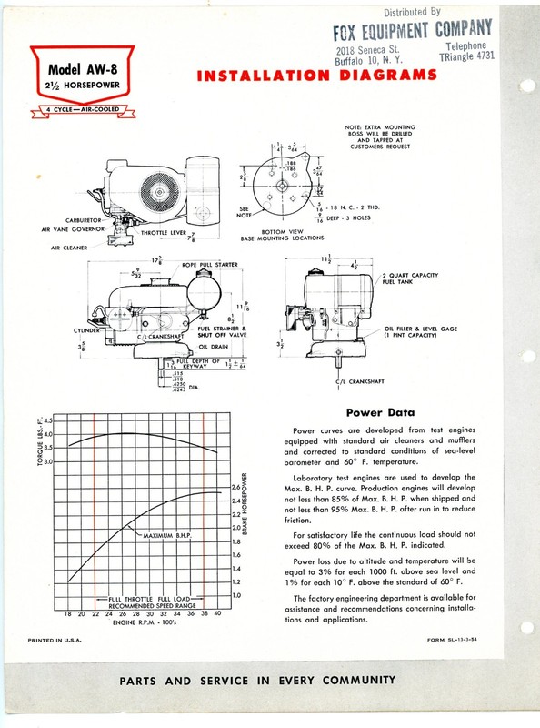 Continental Red Seal Air Cooled 2&1/2 HP Engine model AW-8 1954 sales brochure gallery