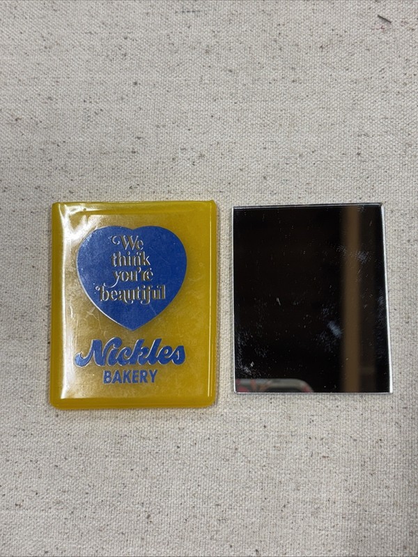 Vintage Nickles Bakery Purse Pocket Mirror In Vinyl Rubber Sleeve