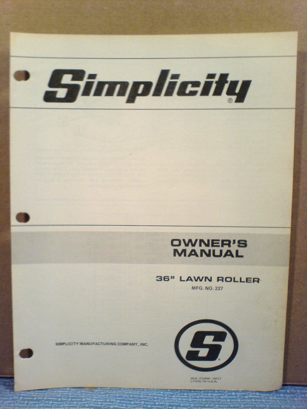 SIMPLICITY # 227 36″ LAWN ROLLER OWNERS AND PARTS MANUAL OP17
