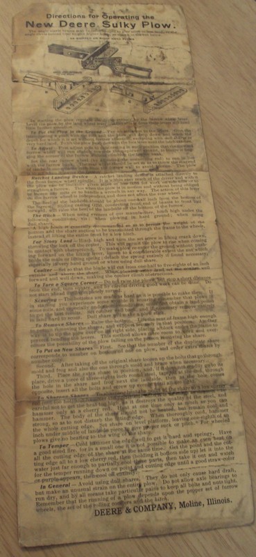 Antique Operating/Set Up Directions for the “NEW DEERE SULKY PLOW”~Moline ILL~