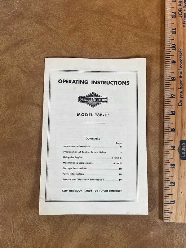 Briggs & Stratton Model 8B-H Engine Operating Instructions Manual