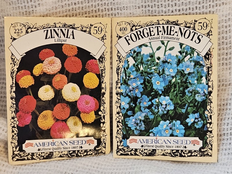 Vintage Lot Of 2 American Seed Flower Packets, 1995, Zinnia & Forget-Me-Nots