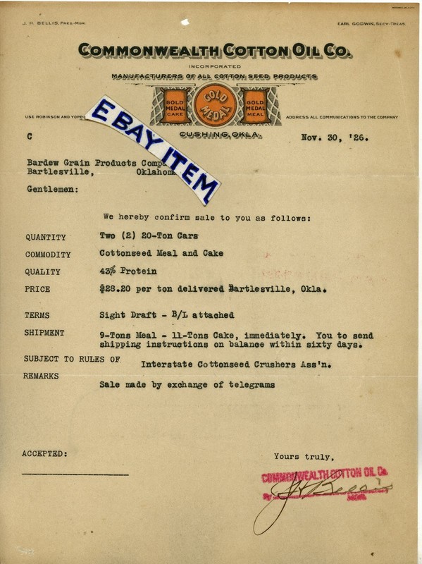 1926 CUSHING OKLAHOMA letterhead COMMONWEALTH COTTON OIL SEED Godwin J H BELLIS