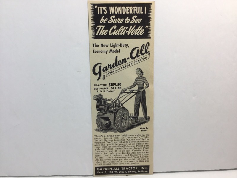 1949 Garden-All Lawn & Garden Tractors, Liberty, IN. Print Ad