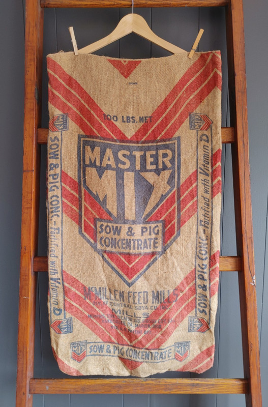 Vtg MASTER MIX Burlap Feed Bag McMillen Mills antique sack Sow & Pig primitive