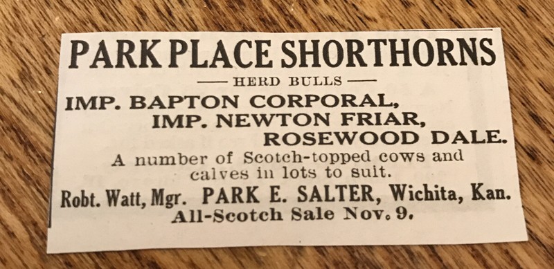 1917 Park Place Shorthorns Cattle Advertising – Cow – Wichita – Kansas