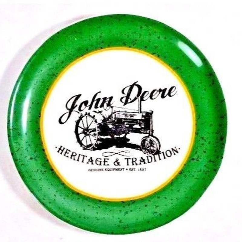 John Deere Heritage & Tradition 8″ Salad Plate White Green Border Stoneware NEW