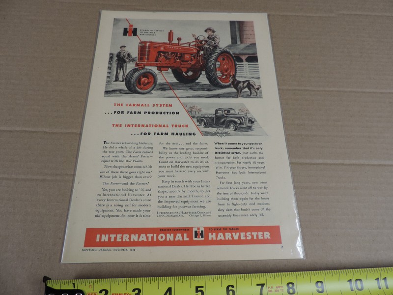 vintage 1945 IH Farmall tractor H AD MAGAZINE print advertisement International