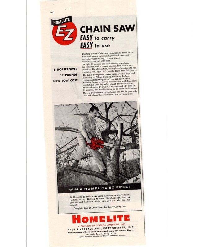 1956 Homelite EZ Chain Saw Easy to Carry Easy to Use Single Page Print Ad